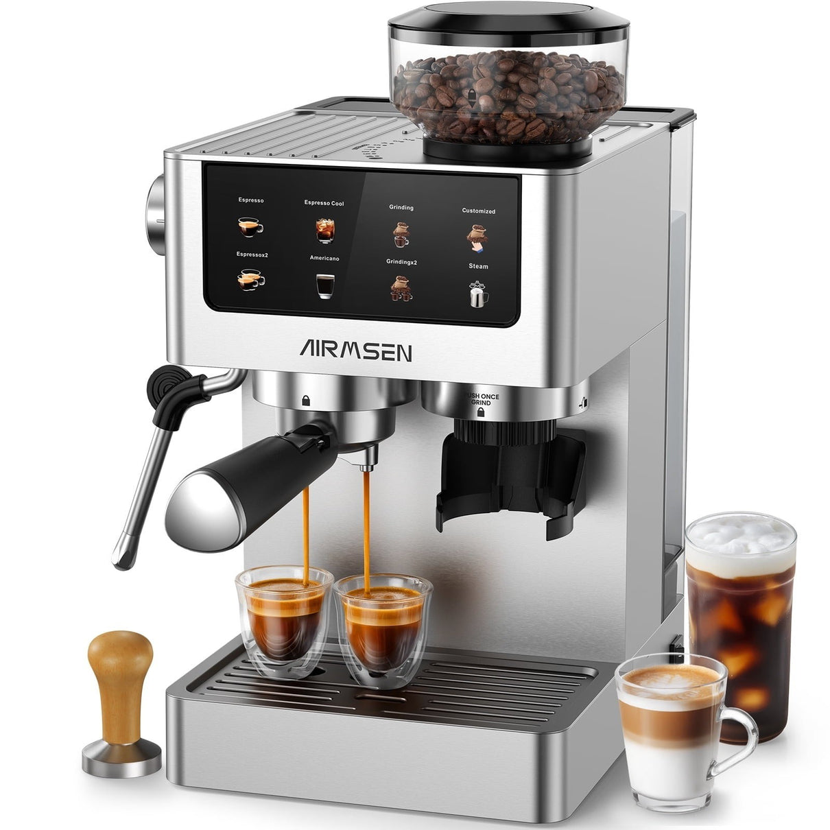 Brushed Stainless Steel Espresso Machine with Grinder Coffee Maker
