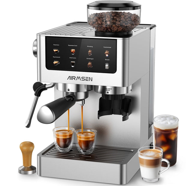 Brushed Stainless Steel Espresso Machine with Grinder Coffee Maker