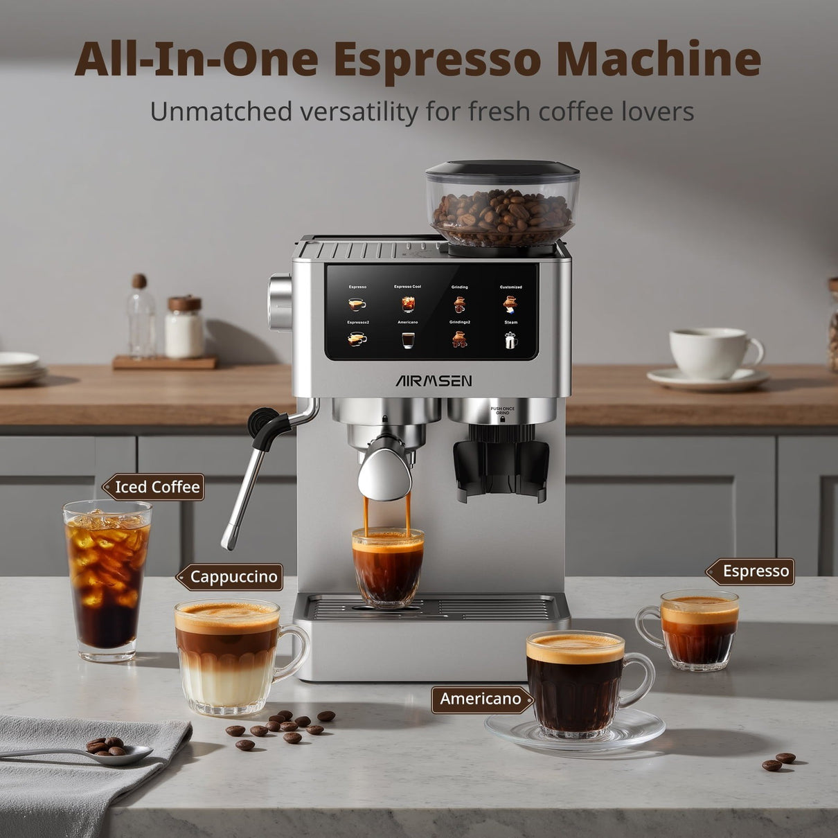 Brushed Stainless Steel Espresso Machine with Grinder Coffee Maker