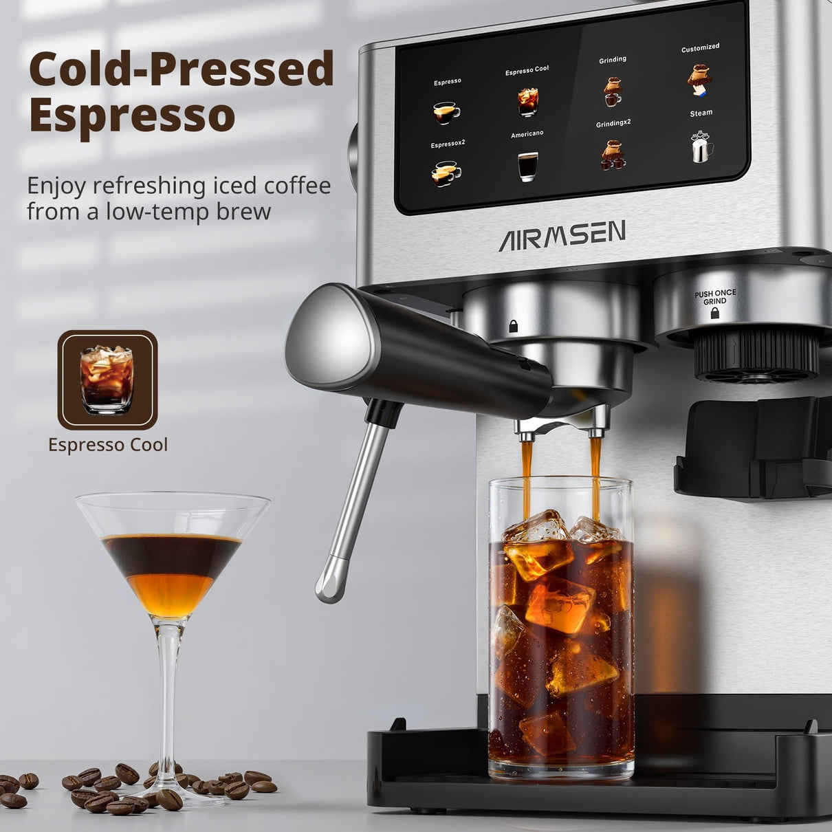 Brushed Stainless Steel Espresso Machine with Grinder Coffee Maker